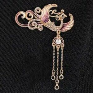 PHOENIX bar brooch with chains, gold tone with rose color and crystals